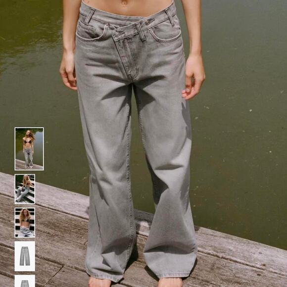 Zara TRF HIGH-WAIST WIDE LEG CROSSOVER JEAN SIZE 8 GRAY COLOR - Picture 1 of 6